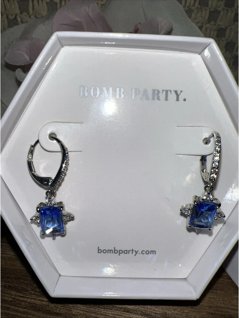 Bomb Party Shimmer So Bright Earrings. Lab Created Light Sapphire. Rhodium.